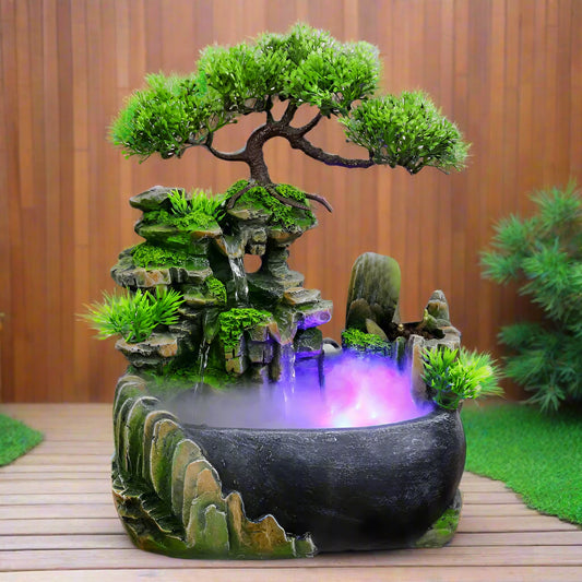 Bonsai Water Fountain and Humidifier-Zen Sense - Bonsai Tree Waterfall Humidifier in Zen Garden With LED Light Ball and Tabletop Waterfall